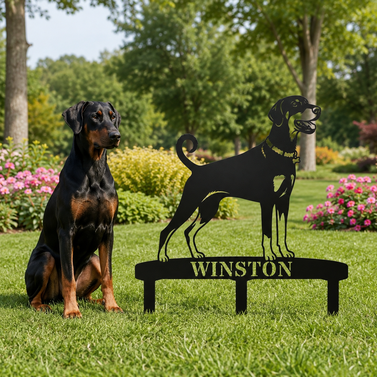 Personalized Dobermann Garden Metal Sign With Stakes. Custom Dog Lover Name Gift