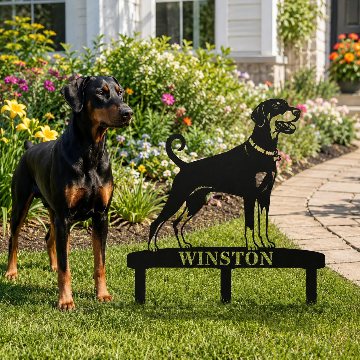 Personalized Dobermann Garden Metal Sign With Stakes. Custom Dog Lover Name Gift