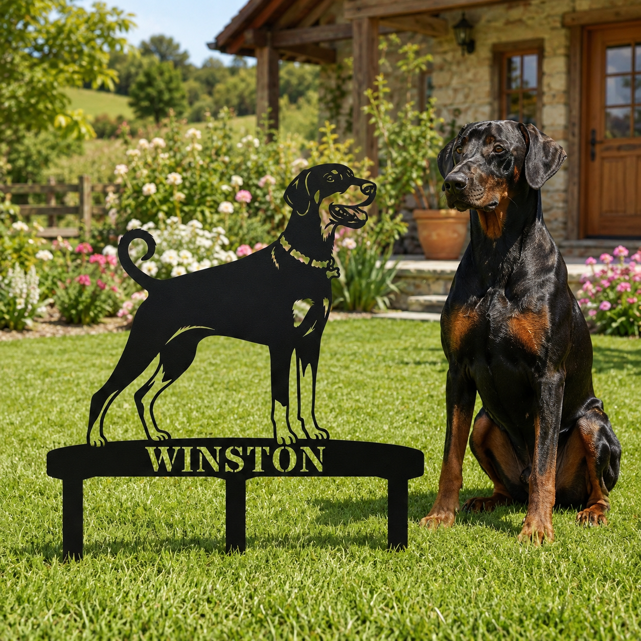 Personalized Dobermann Garden Metal Sign With Stakes. Custom Dog Lover Name Gift