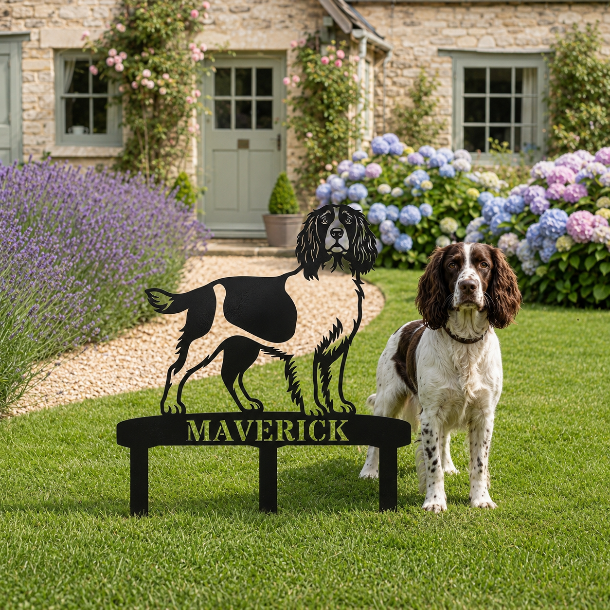 Personalized English Springer Spaniel Garden Metal Sign With Stakes. Custom Dog Lover Name Gift