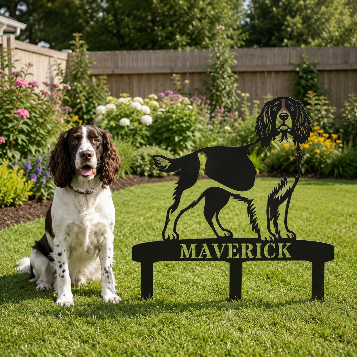 Personalized English Springer Spaniel Garden Metal Sign With Stakes. Custom Dog Lover Name Gift