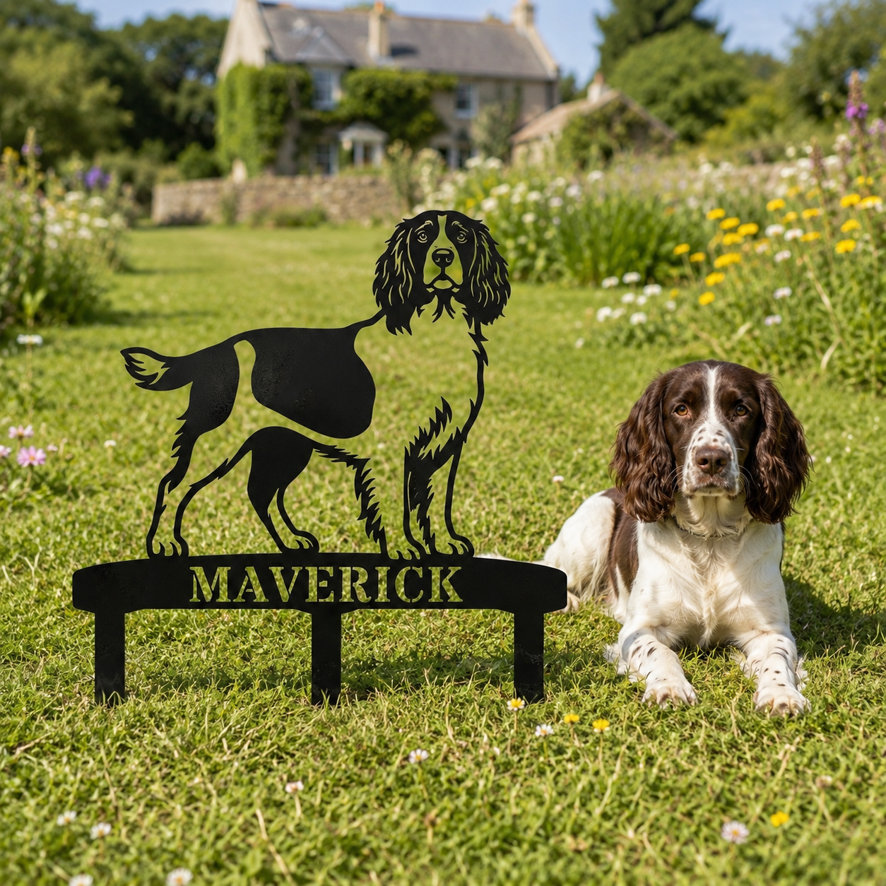 Personalized English Springer Spaniel Garden Metal Sign With Stakes. Custom Dog Lover Name Gift