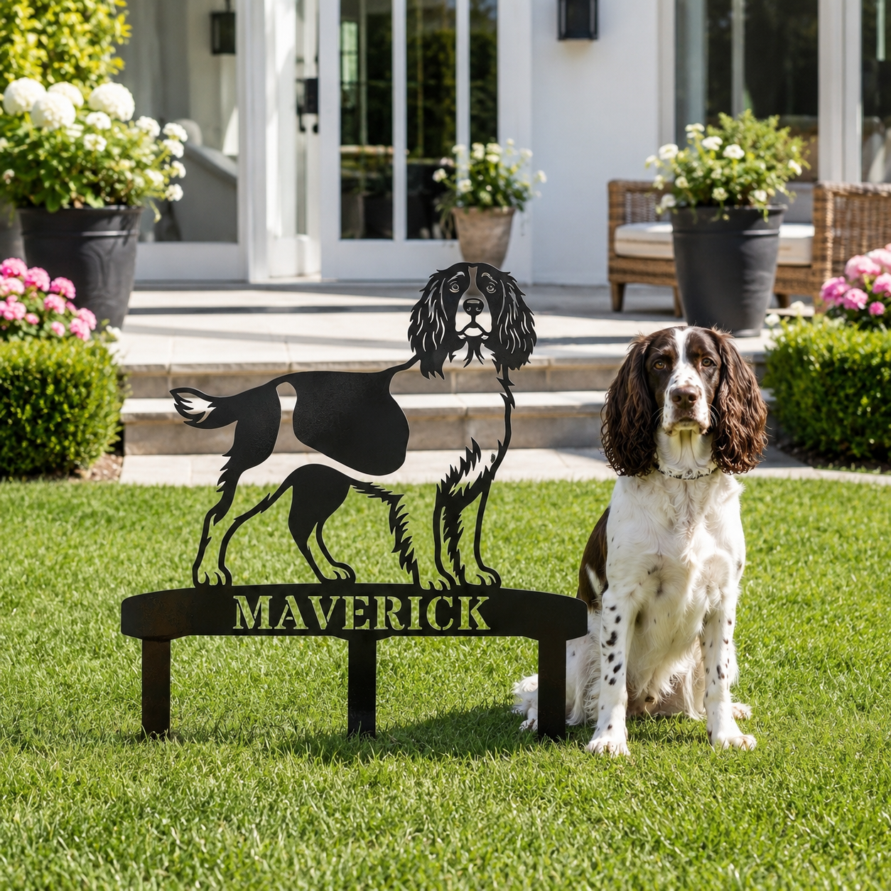 Personalized English Springer Spaniel Garden Metal Sign With Stakes. Custom Dog Lover Name Gift