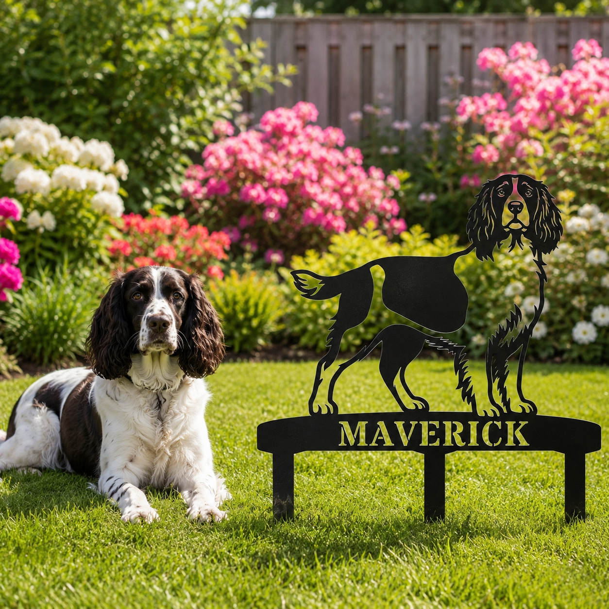 Personalized English Springer Spaniel Garden Metal Sign With Stakes. Custom Dog Lover Name Gift