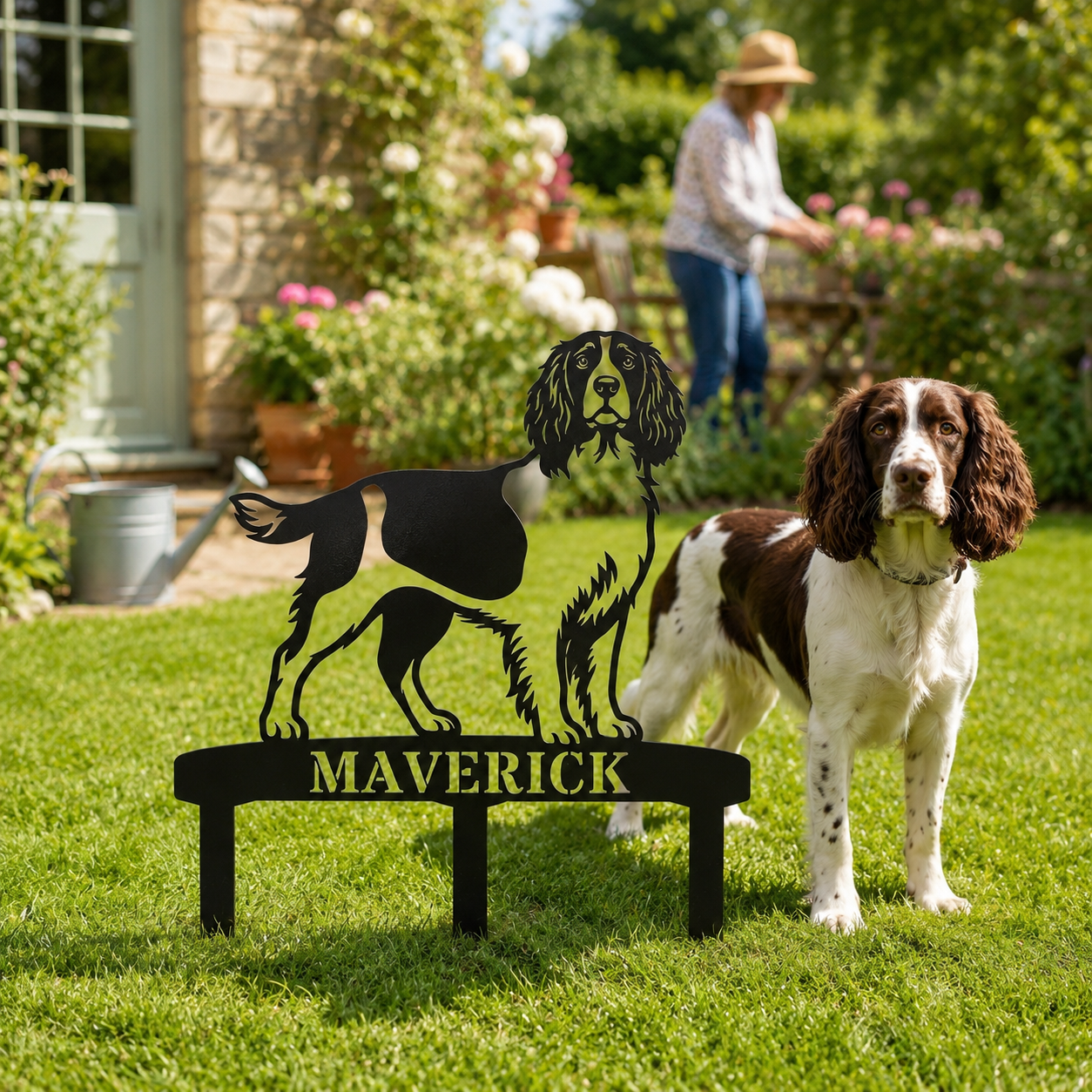 Personalized English Springer Spaniel Garden Metal Sign With Stakes. Custom Dog Lover Name Gift