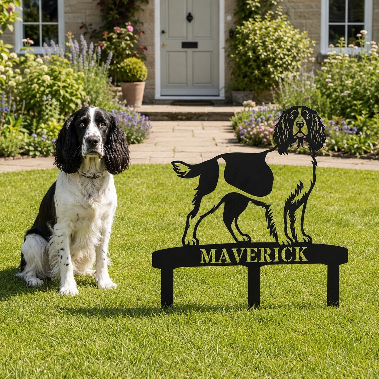 Personalized English Springer Spaniel Garden Metal Sign With Stakes. Custom Dog Lover Name Gift