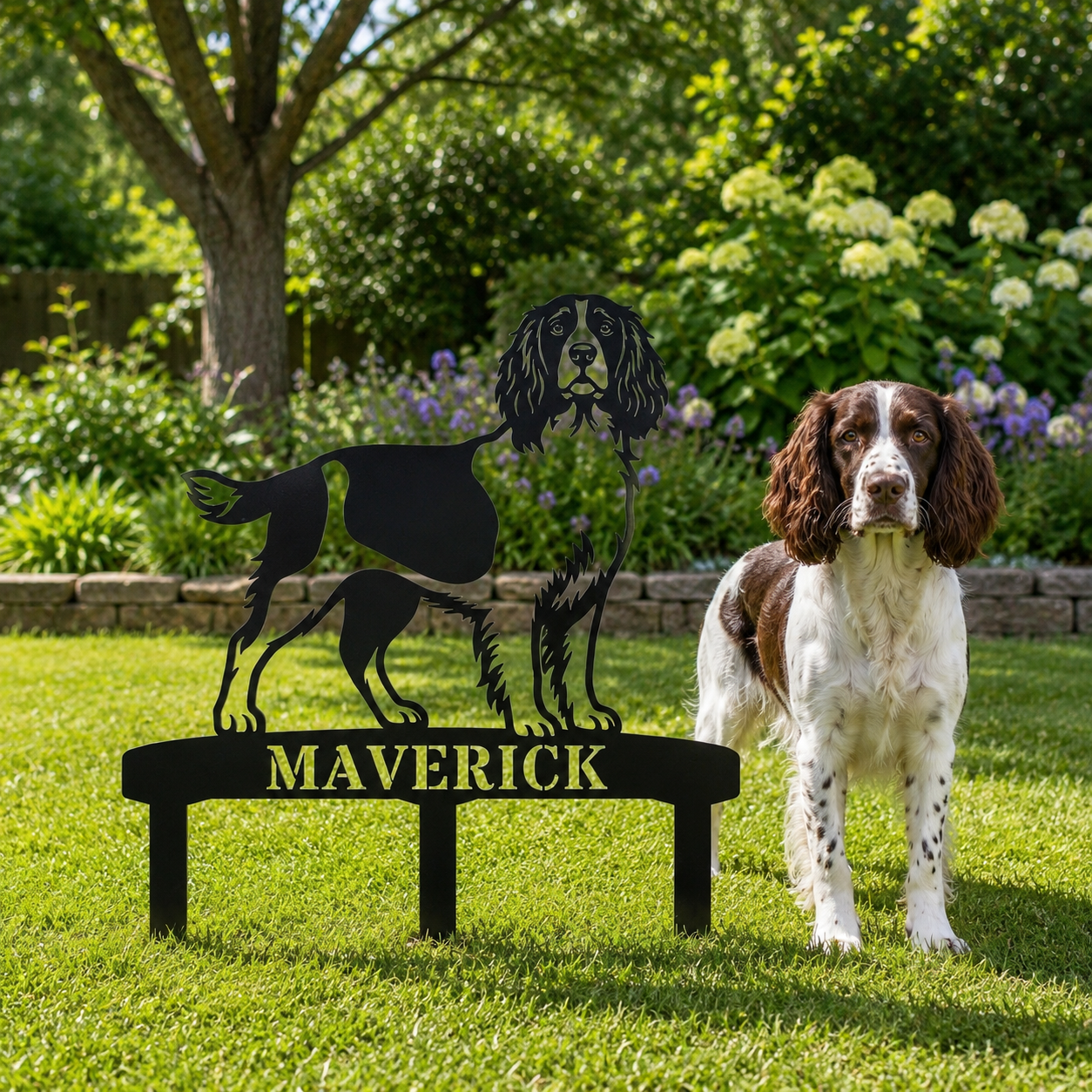 Personalized English Springer Spaniel Garden Metal Sign With Stakes. Custom Dog Lover Name Gift