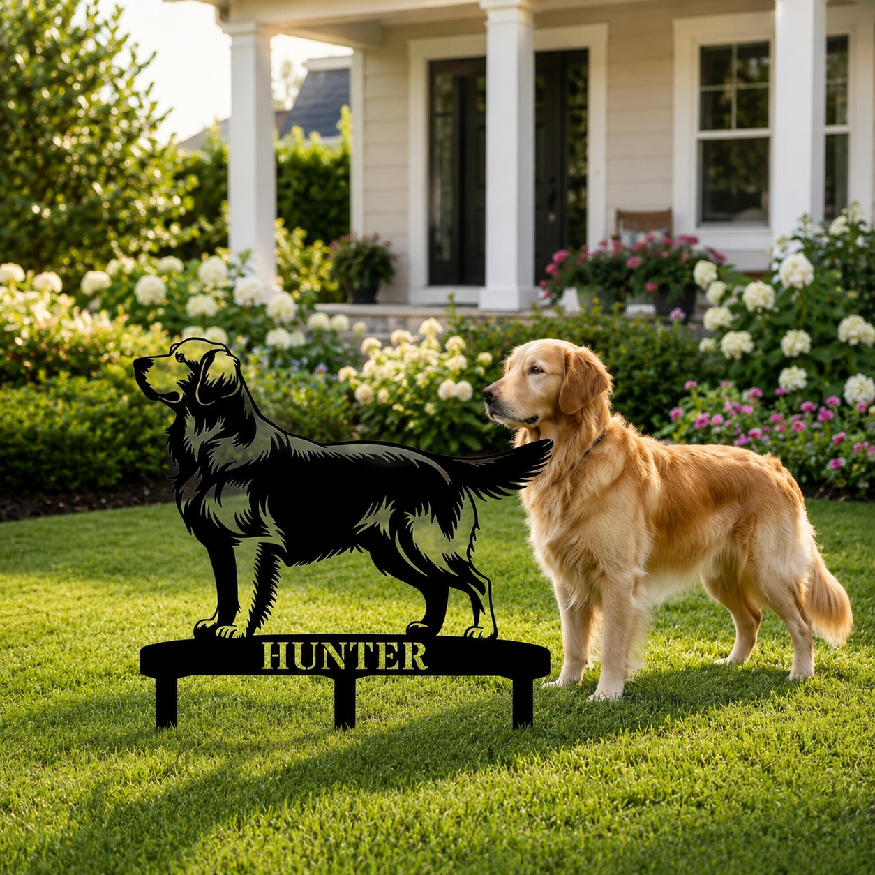Personalized Golden Retriever Garden Metal Sign With Stakes. Custom Dog Lover Name Gift