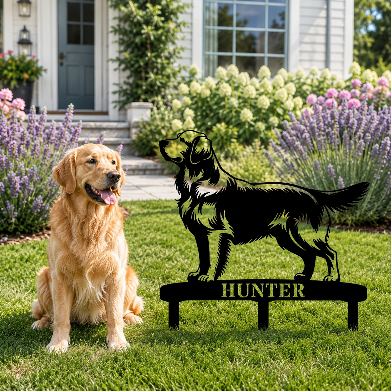 Personalized Golden Retriever Garden Metal Sign With Stakes. Custom Dog Lover Name Gift