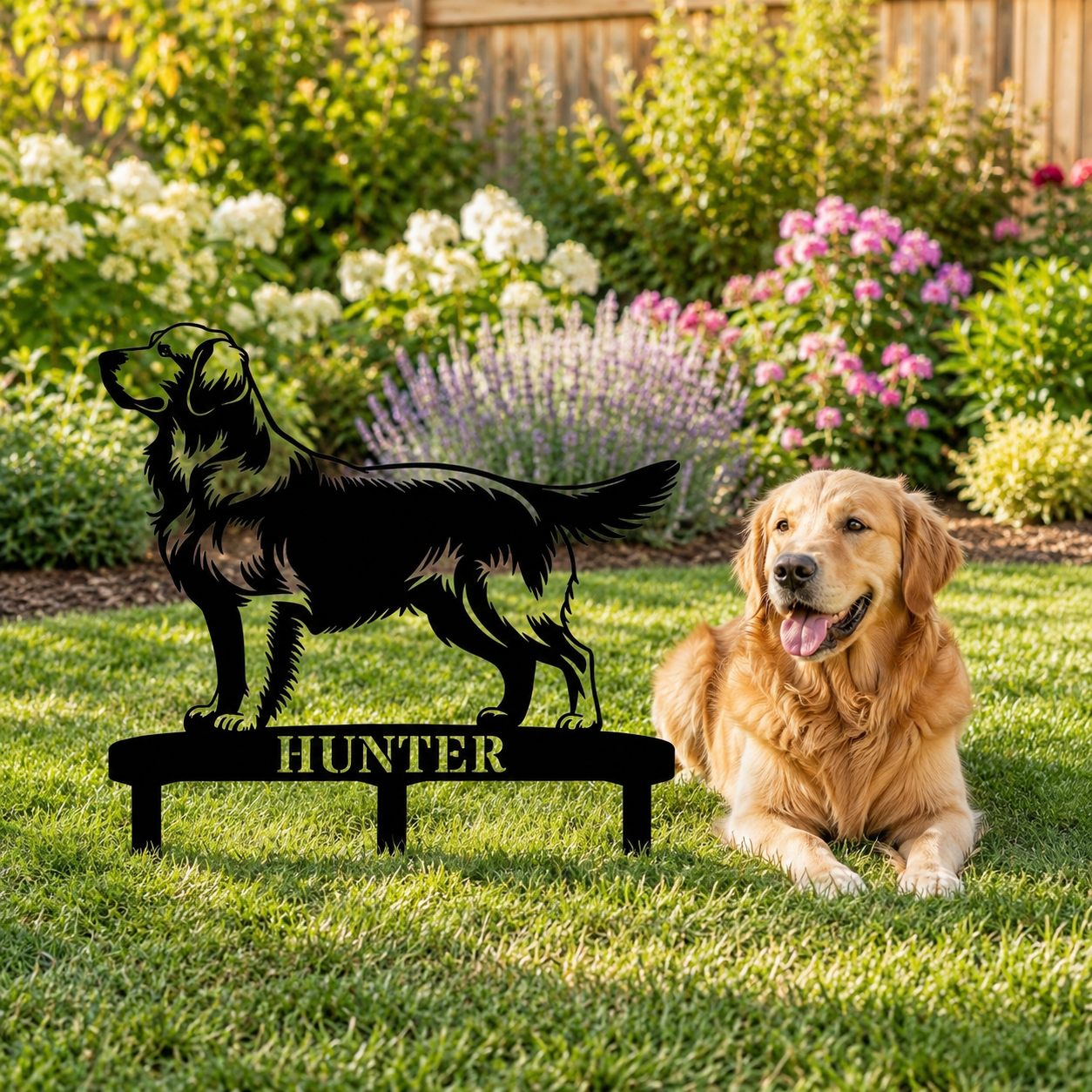Personalized Golden Retriever Garden Metal Sign With Stakes. Custom Dog Lover Name Gift