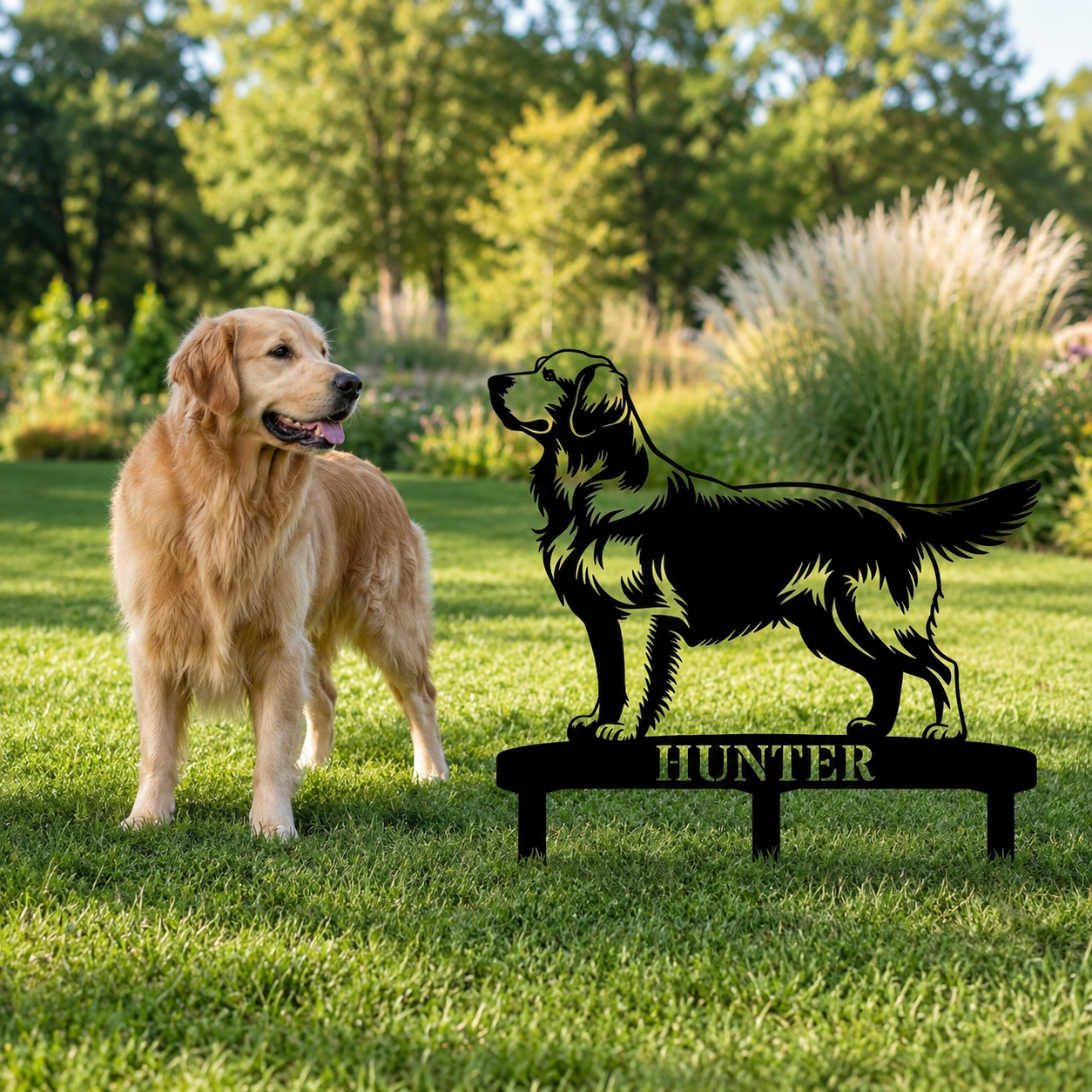 Personalized Golden Retriever Garden Metal Sign With Stakes. Custom Dog Lover Name Gift