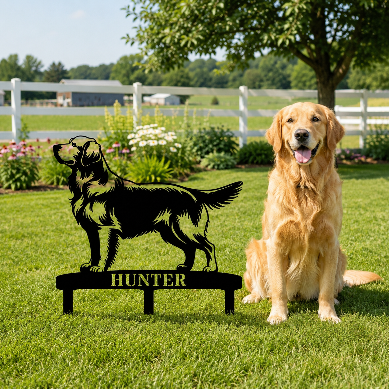 Personalized Golden Retriever Garden Metal Sign With Stakes. Custom Dog Lover Name Gift