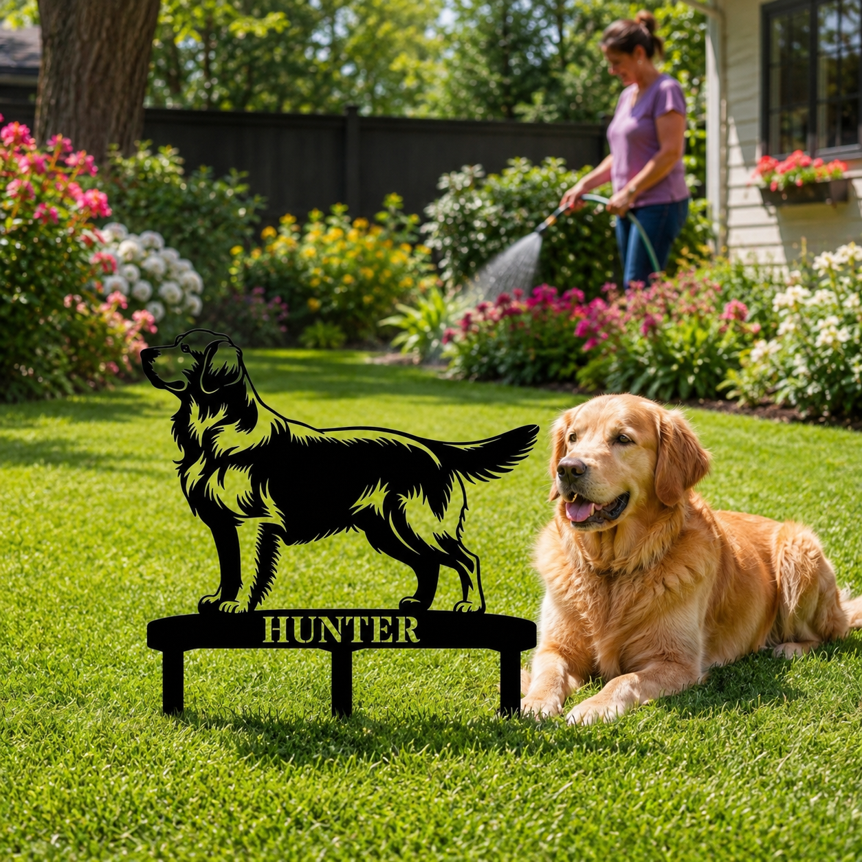 Personalized Golden Retriever Garden Metal Sign With Stakes. Custom Dog Lover Name Gift