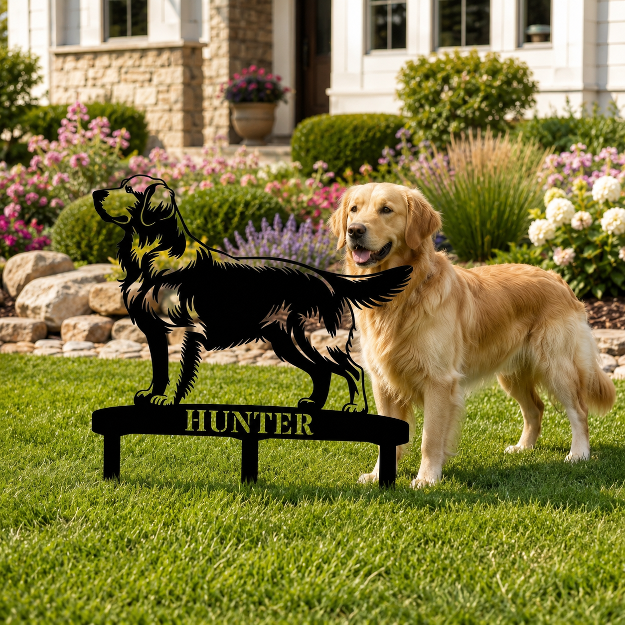 Personalized Golden Retriever Garden Metal Sign With Stakes. Custom Dog Lover Name Gift