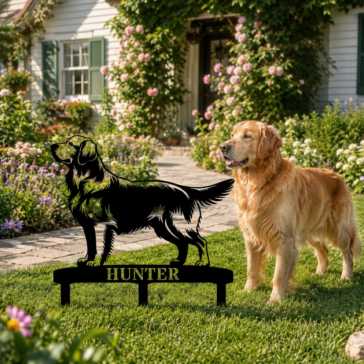 Personalized Golden Retriever Garden Metal Sign With Stakes. Custom Dog Lover Name Gift