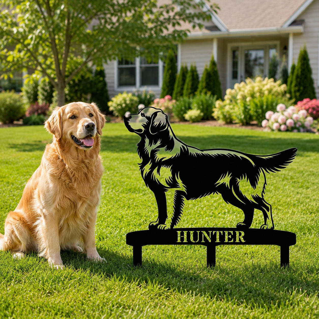 Personalized Golden Retriever Garden Metal Sign With Stakes. Custom Dog Lover Name Gift