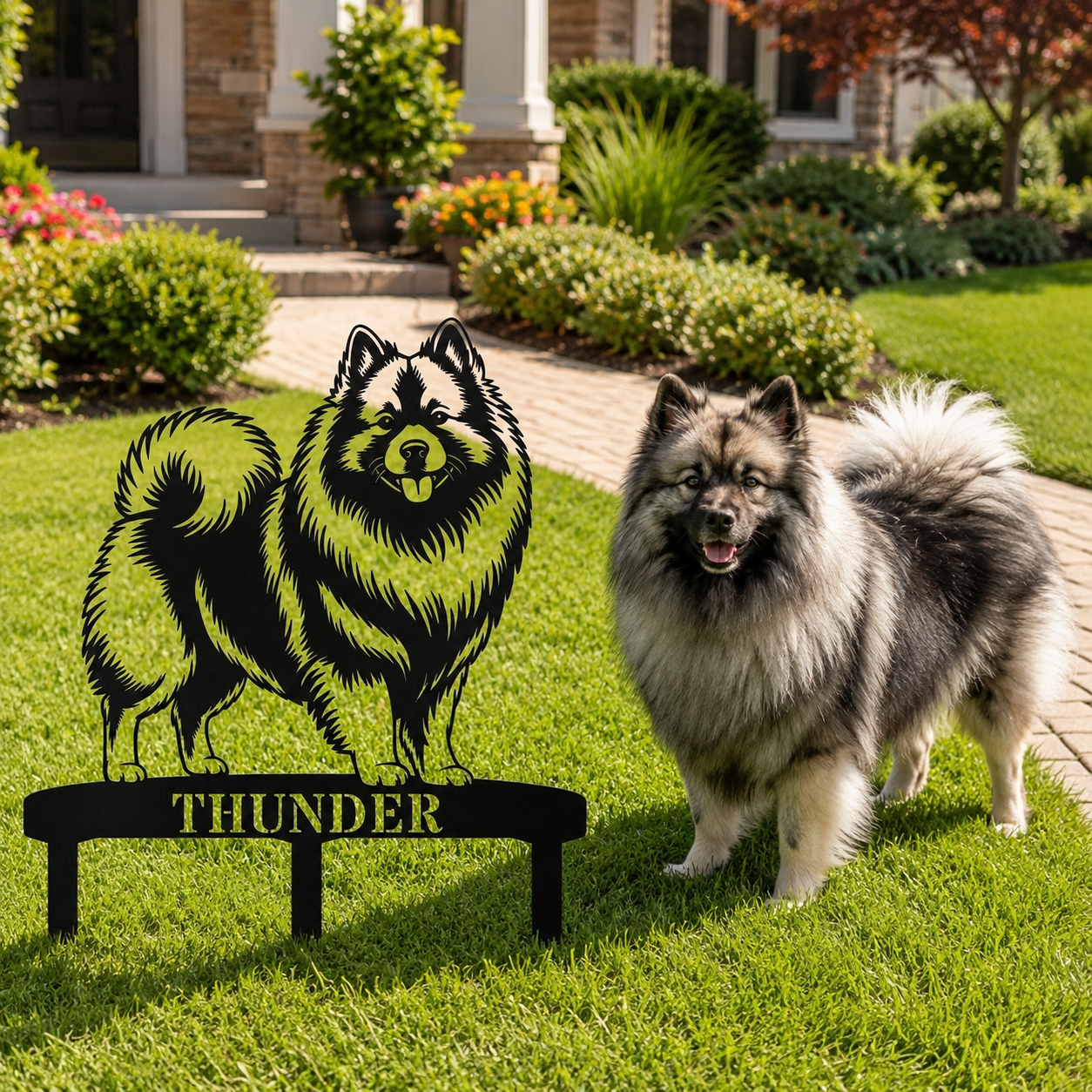 Personalized Keeshond Garden Metal Sign With Stakes. Custom Dog Lover Name Gift