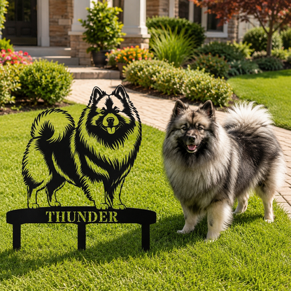 Personalized Keeshond Garden Metal Sign With Stakes. Custom Dog Lover Name Gift