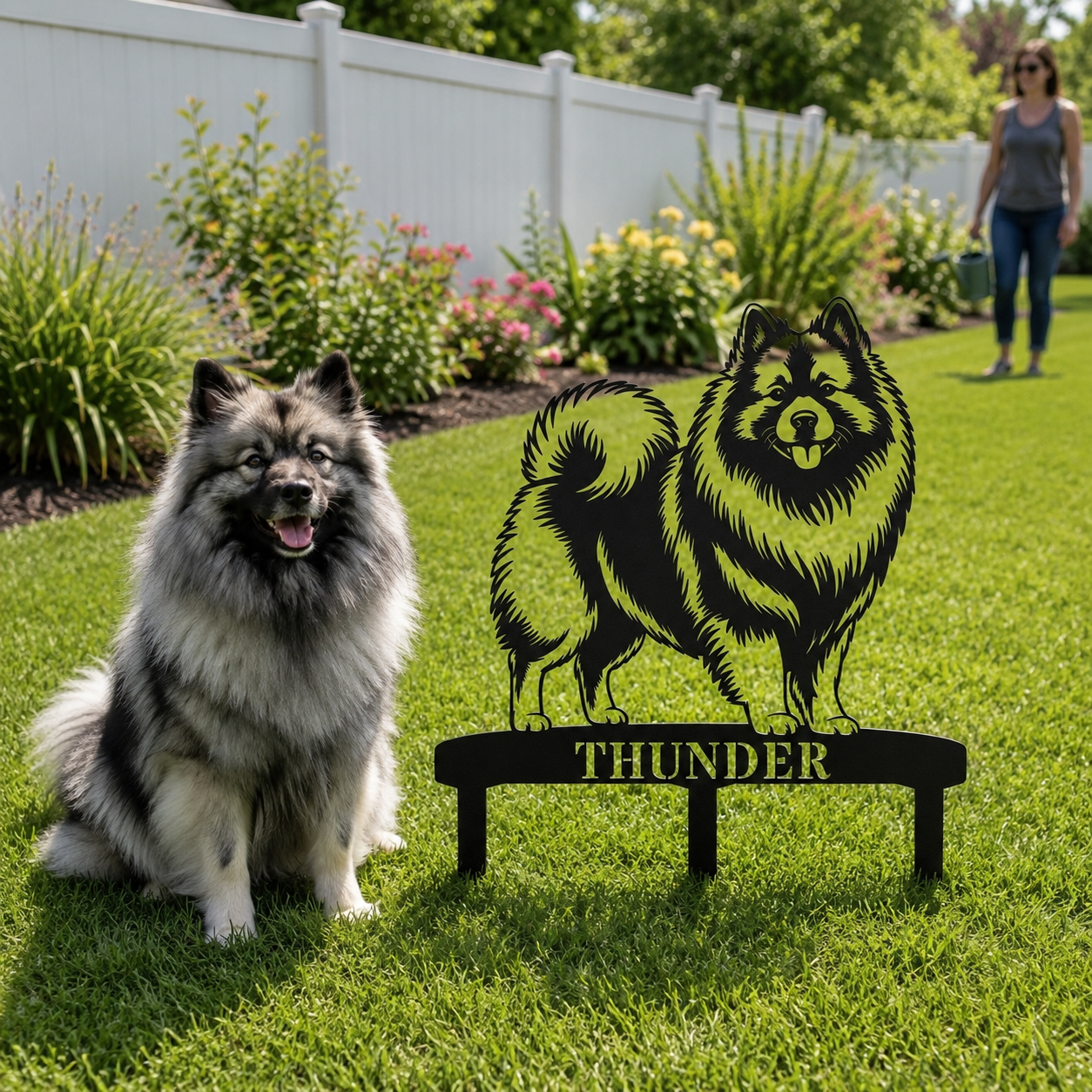 Personalized Keeshond Garden Metal Sign With Stakes. Custom Dog Lover Name Gift