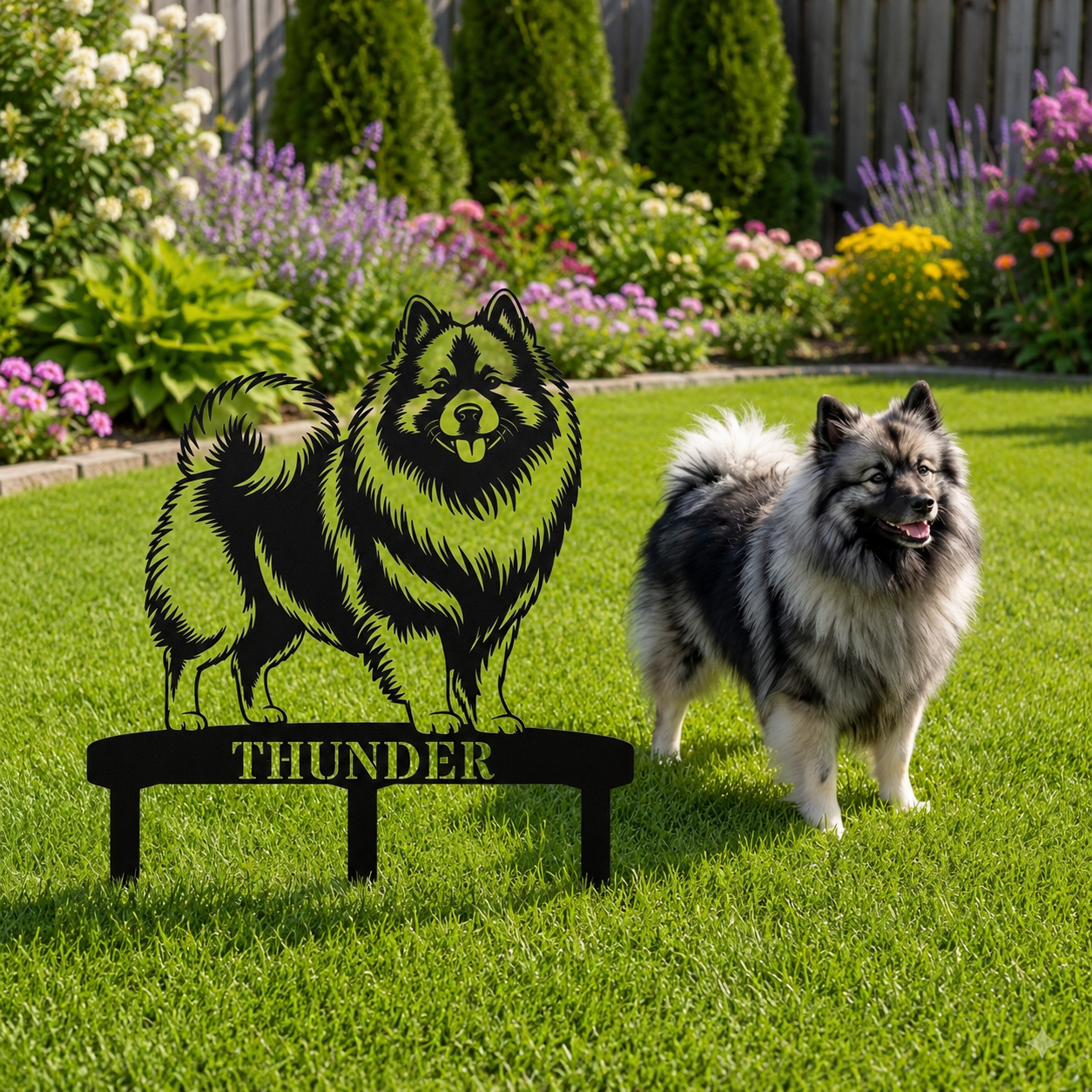 Personalized Keeshond Garden Metal Sign With Stakes. Custom Dog Lover Name Gift