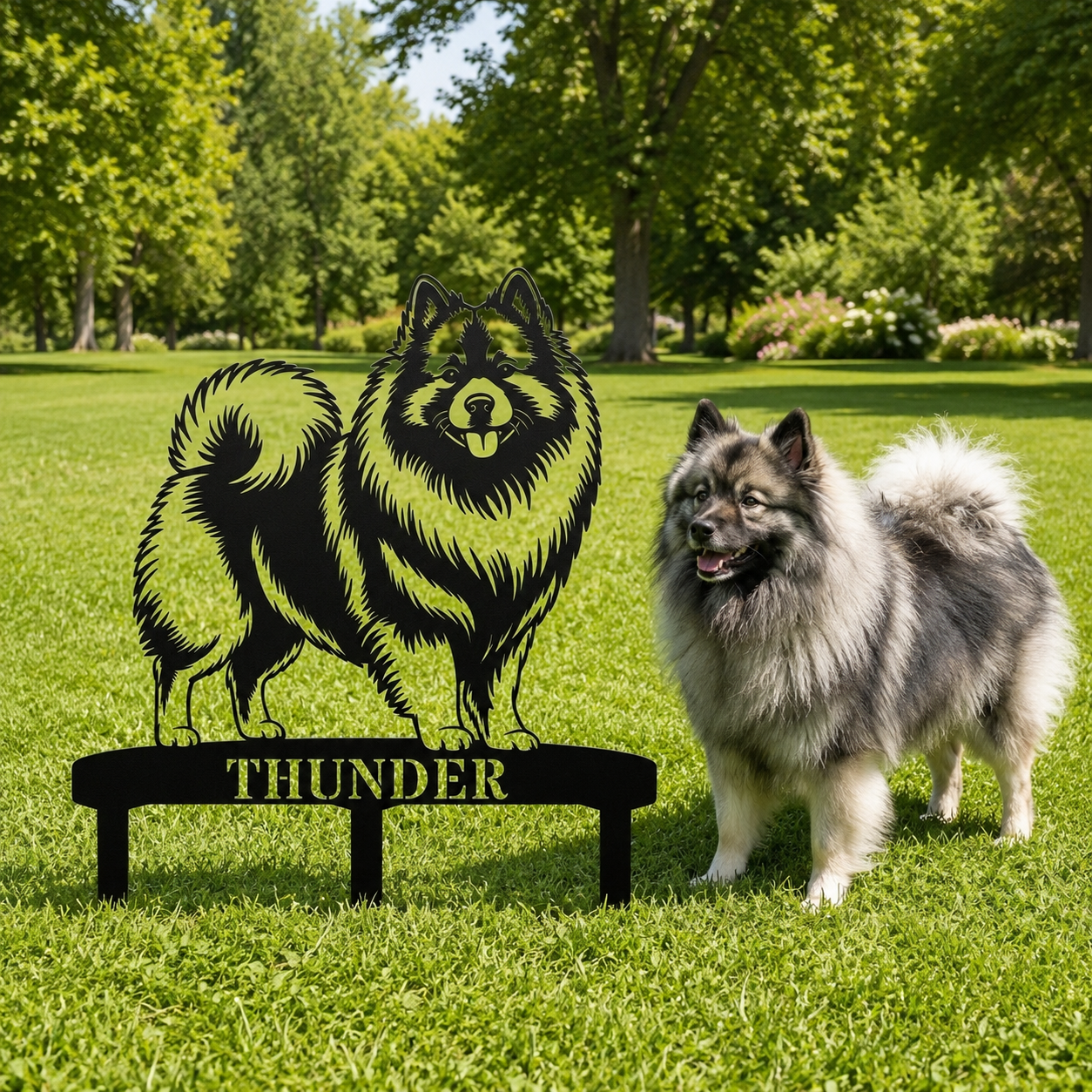 Personalized Keeshond Garden Metal Sign With Stakes. Custom Dog Lover Name Gift