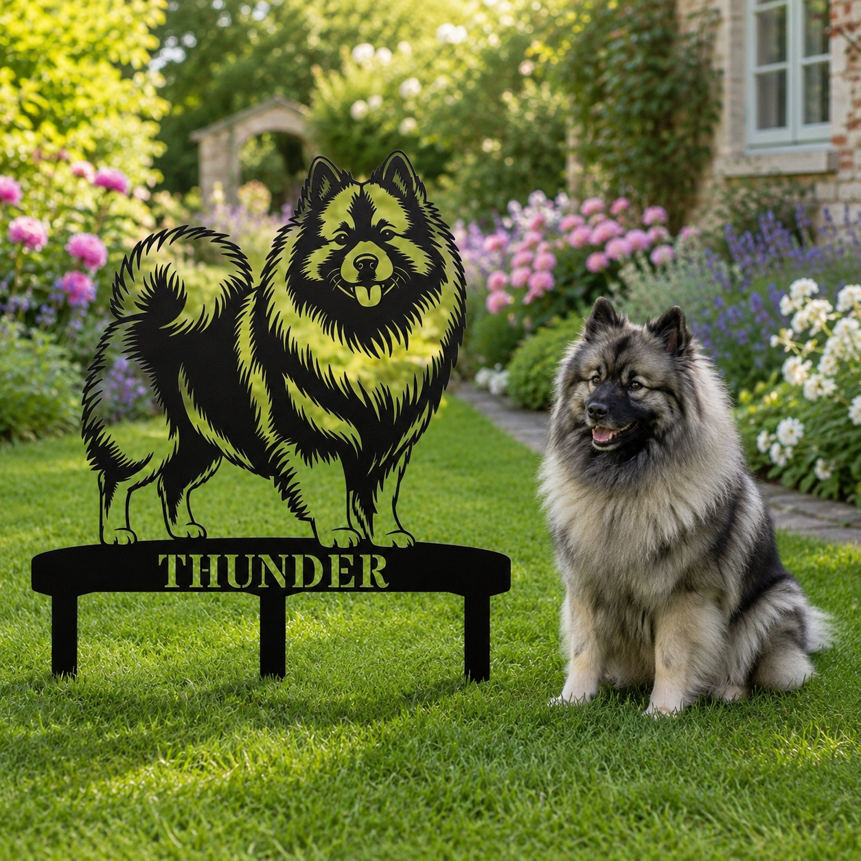 Personalized Keeshond Garden Metal Sign With Stakes. Custom Dog Lover Name Gift