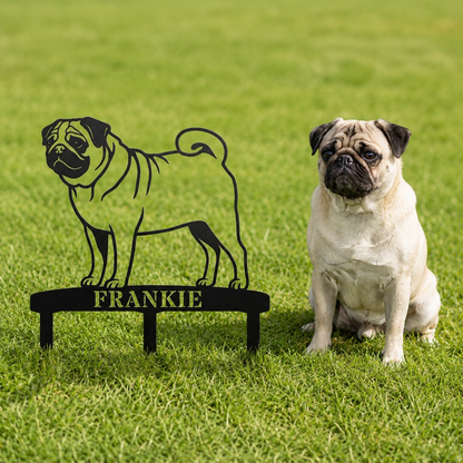 Personalized Pug Garden Metal Sign With Stakes. Custom Dog Name Remembrance Gift