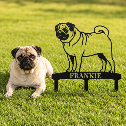 Personalized Pug Garden Metal Sign With Stakes. Custom Dog Name Remembrance Gift