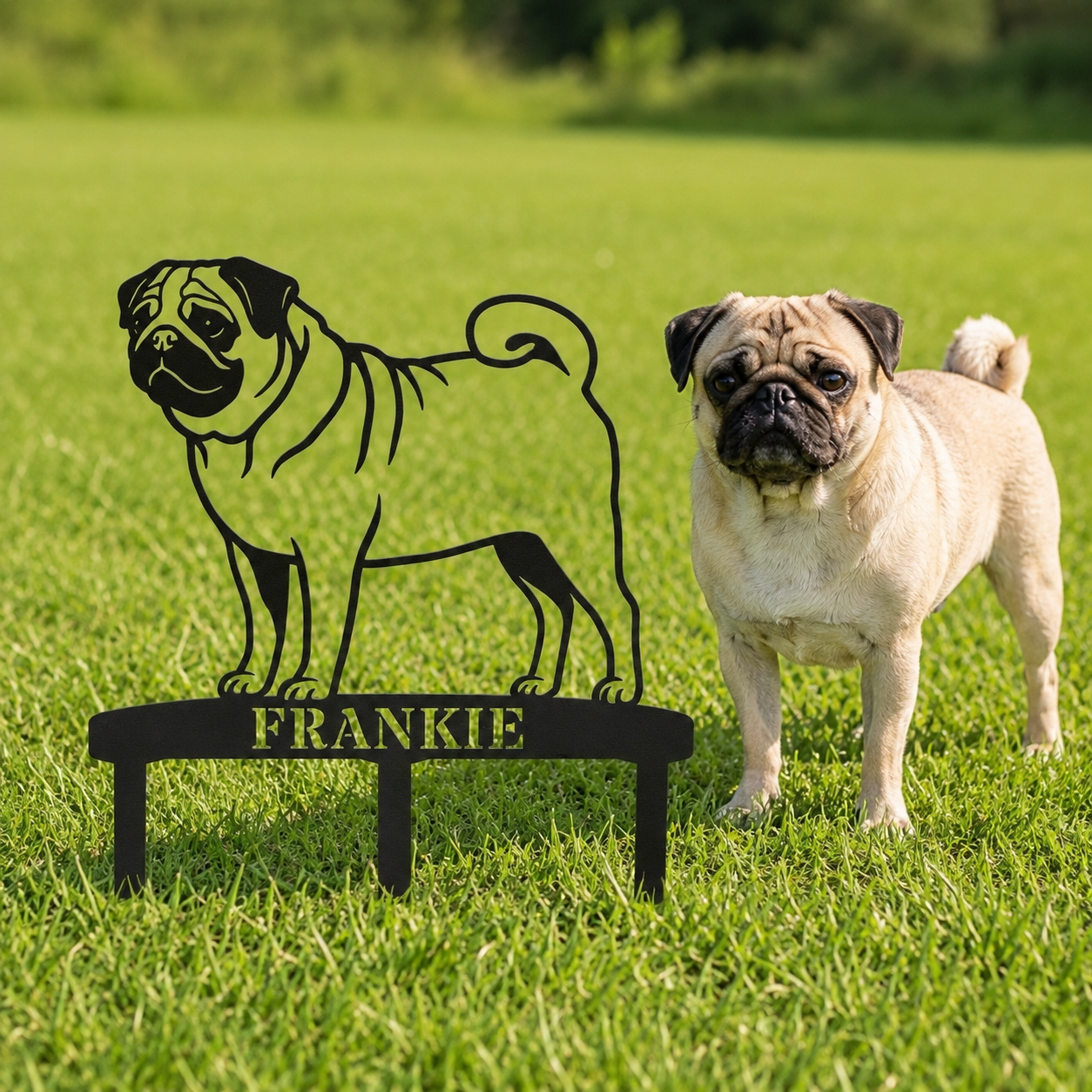 Personalized Pug Garden Metal Sign With Stakes. Custom Dog Name Remembrance Gift