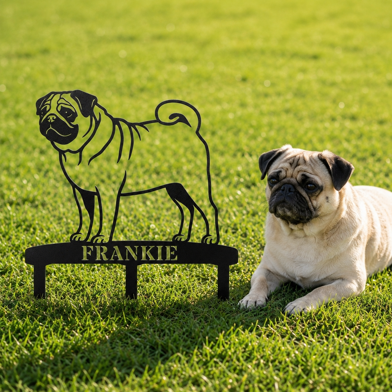 Personalized Pug Garden Metal Sign With Stakes. Custom Dog Name Remembrance Gift