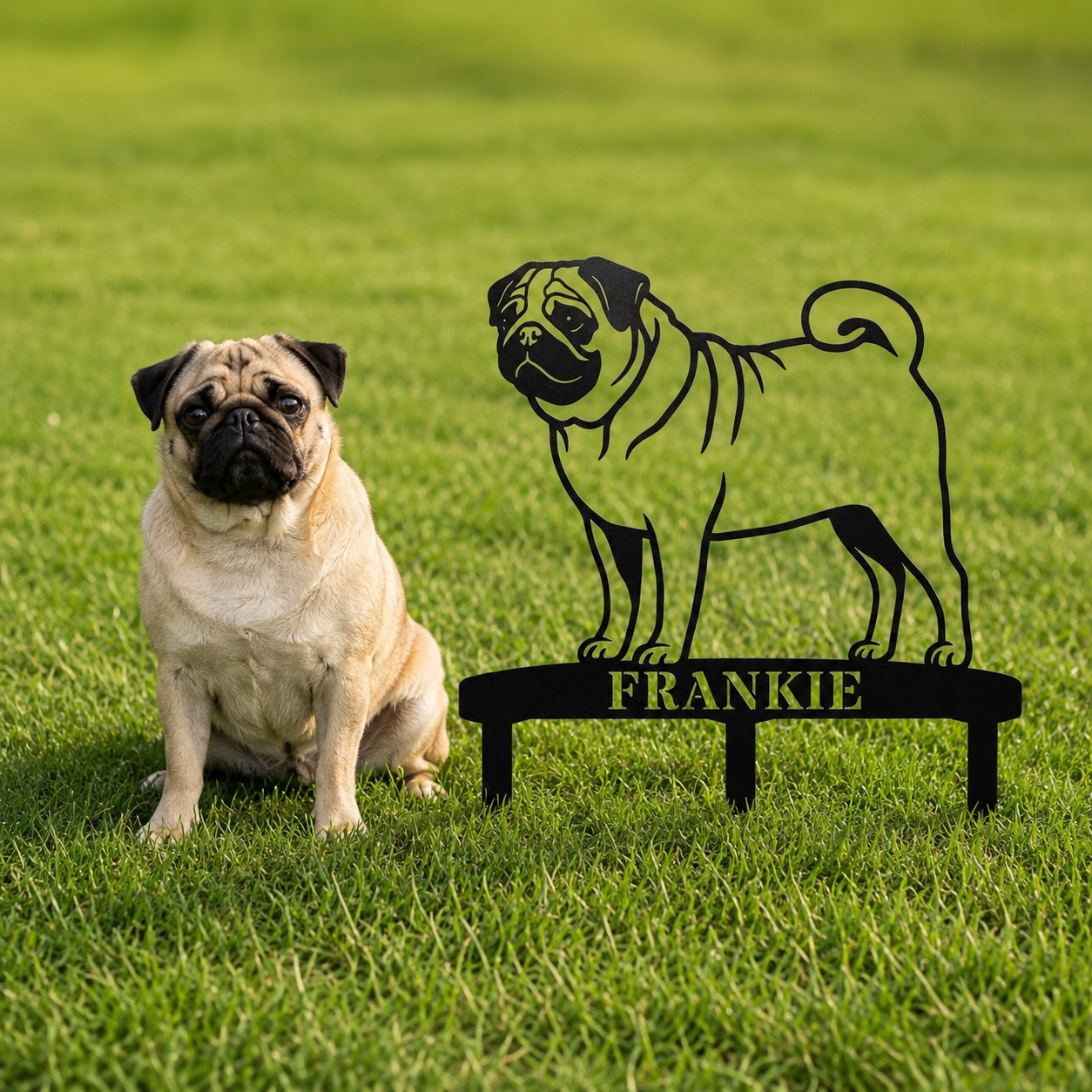 Personalized Pug Garden Metal Sign With Stakes. Custom Dog Name Remembrance Gift