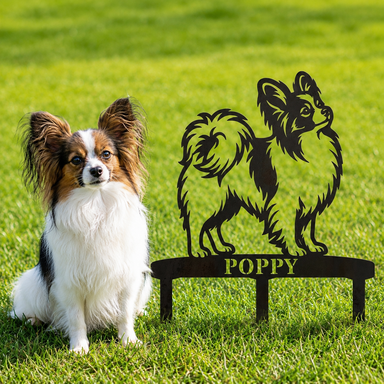 Personalized Papillon Garden Metal Sign With Stakes. Custom Dog Name Yard Decor