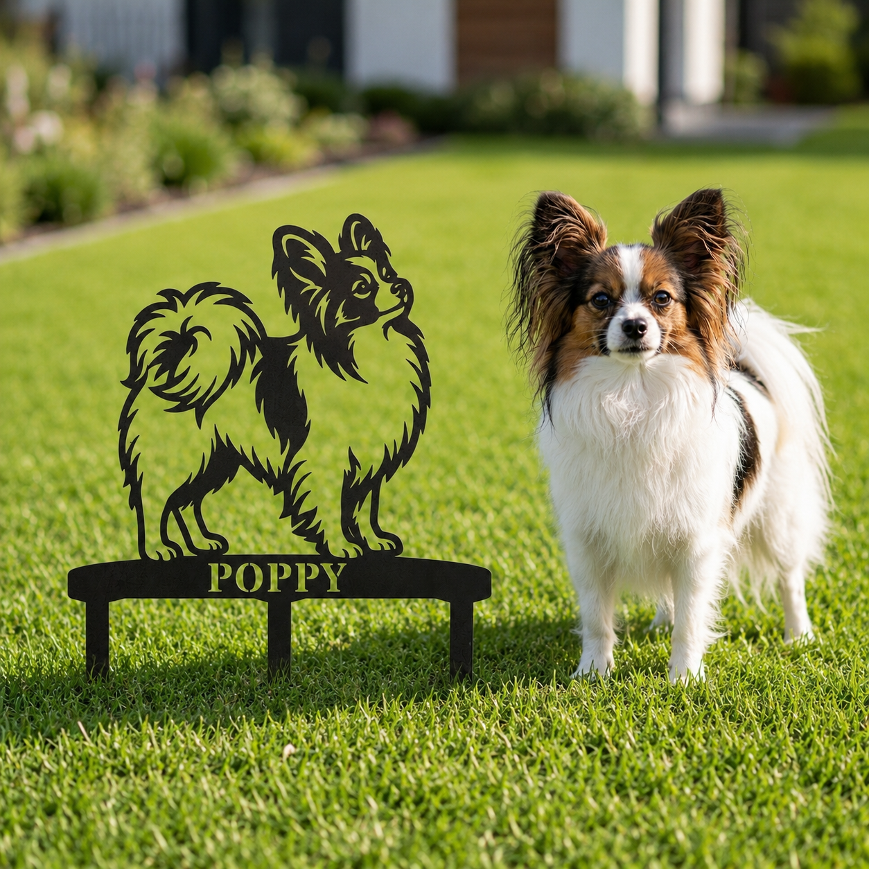 Personalized Papillon Garden Metal Sign With Stakes. Custom Dog Name Yard Decor