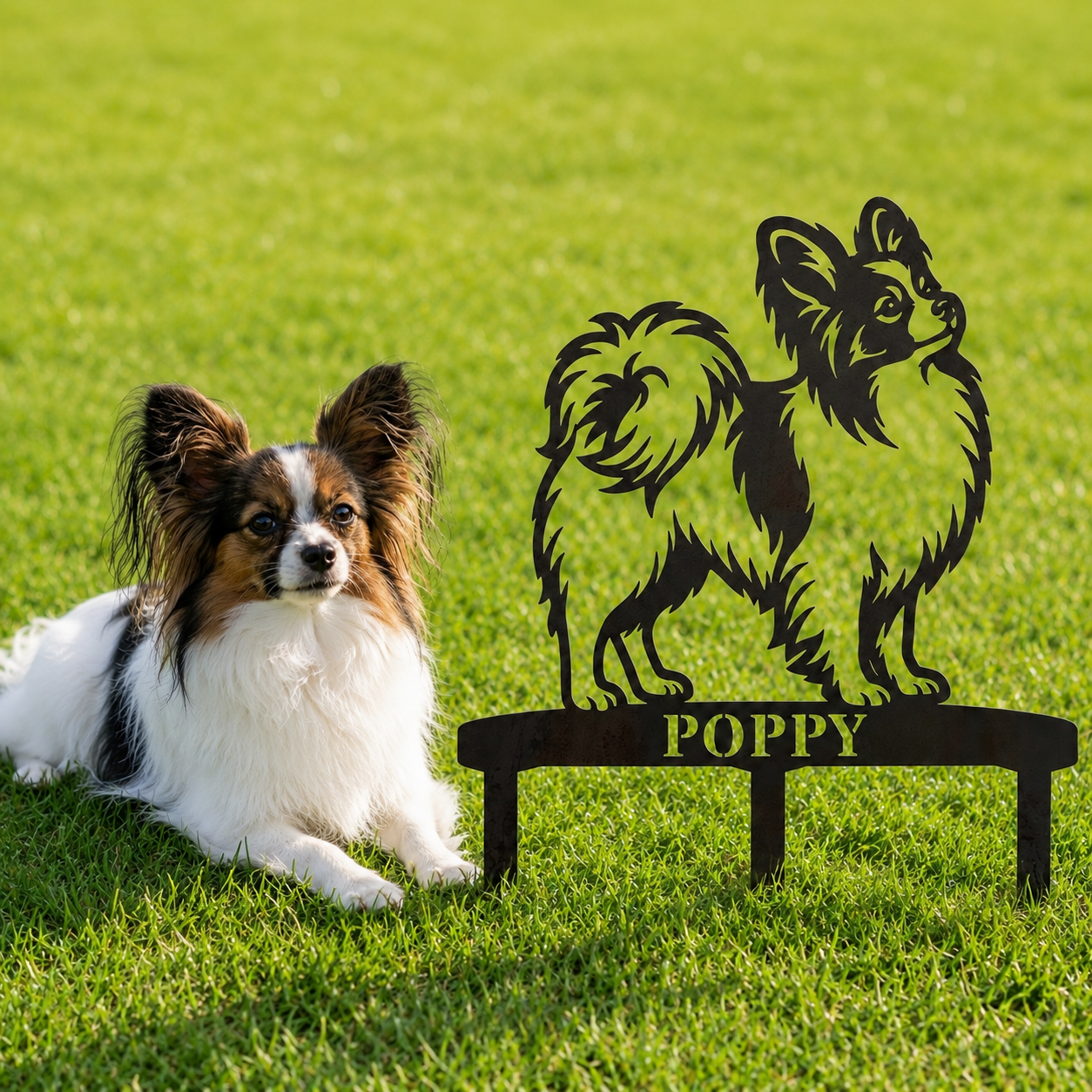Personalized Papillon Garden Metal Sign With Stakes. Custom Dog Name Yard Decor