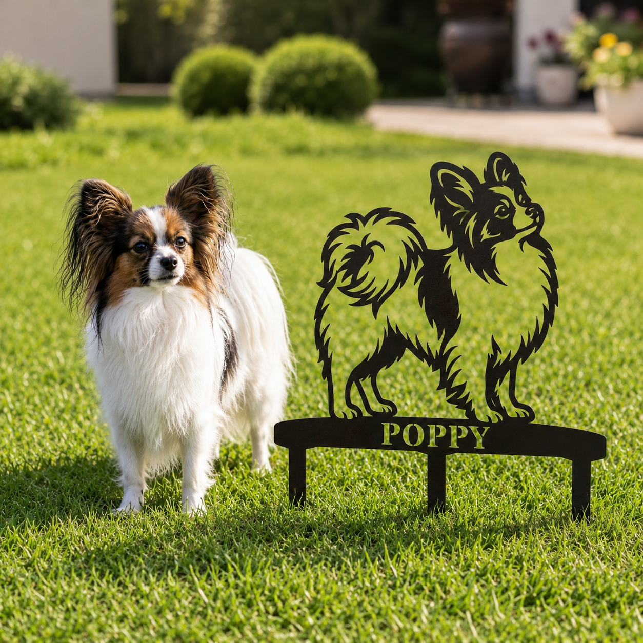 Personalized Papillon Garden Metal Sign With Stakes. Custom Dog Name Yard Decor