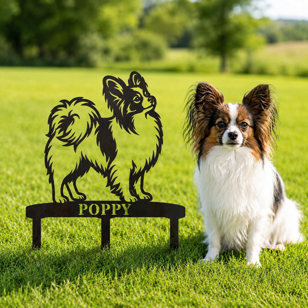Personalized Papillon Garden Metal Sign With Stakes. Custom Dog Name Yard Decor