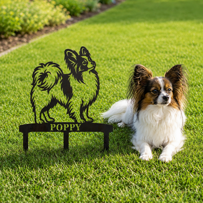 Personalized Papillon Garden Metal Sign With Stakes. Custom Dog Name Yard Decor