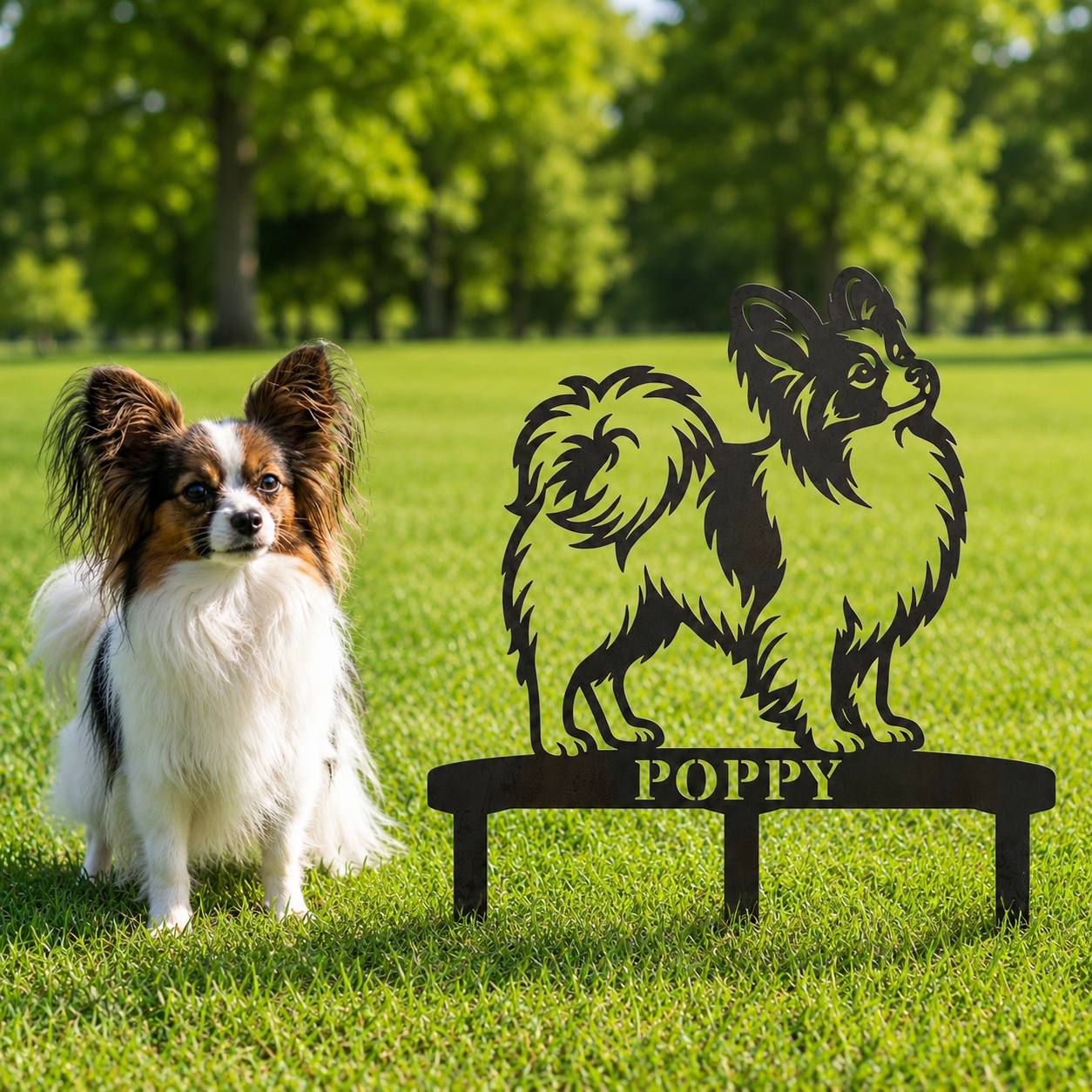 Personalized Papillon Garden Metal Sign With Stakes. Custom Dog Name Yard Decor