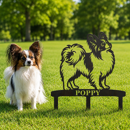 Personalized Papillon Garden Metal Sign With Stakes. Custom Dog Name Yard Decor