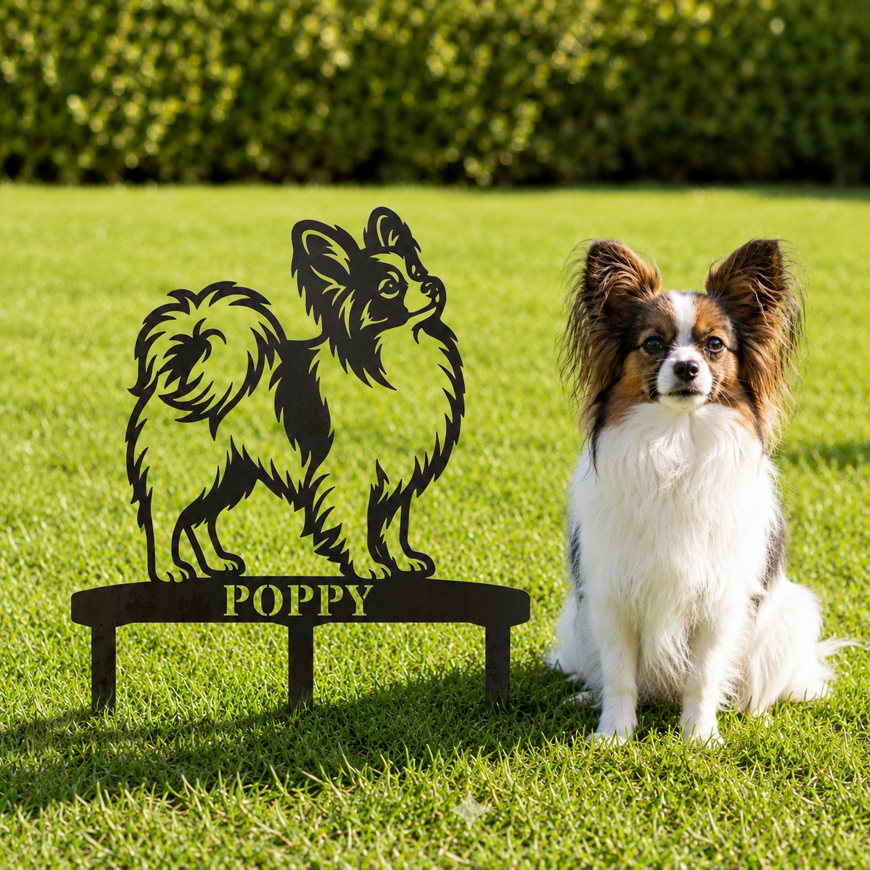 Personalized Papillon Garden Metal Sign With Stakes. Custom Dog Name Yard Decor