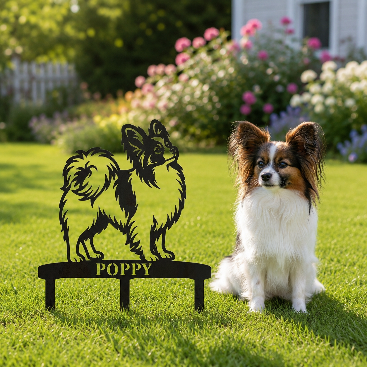 Personalized Papillon Garden Metal Sign With Stakes. Custom Dog Name Yard Decor