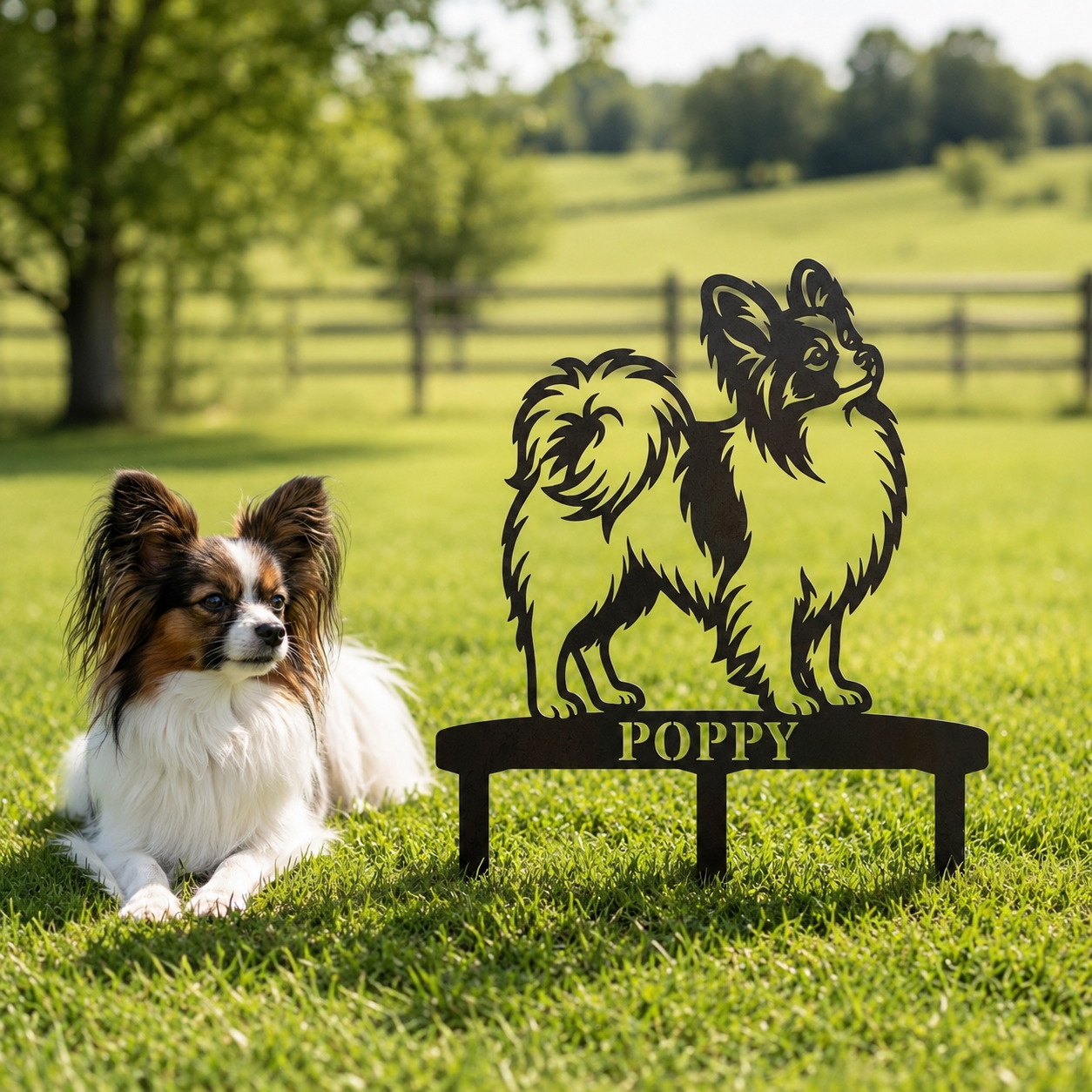 Personalized Papillon Garden Metal Sign With Stakes. Custom Dog Name Yard Decor