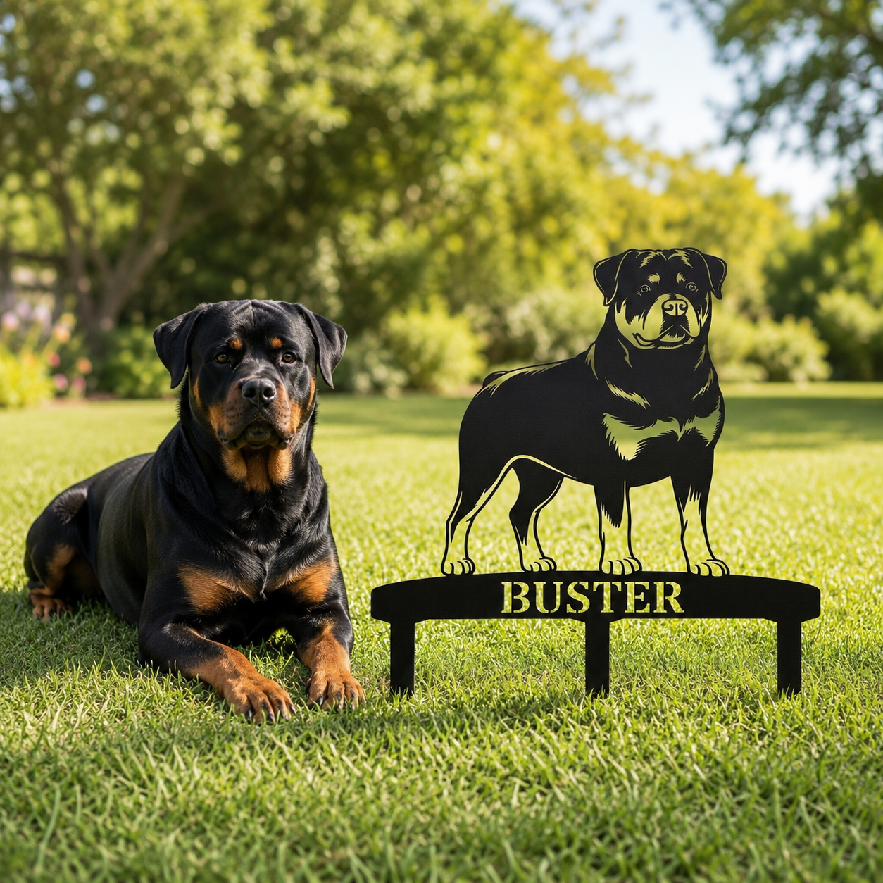 Personalized Rottweiler Garden Metal Sign With Stakes. Custom Dog Name Remembrance Gift