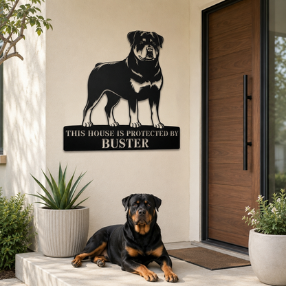 Personalized Rottweiler Guard Name Metal Sign. Custom Dog Protect Decor