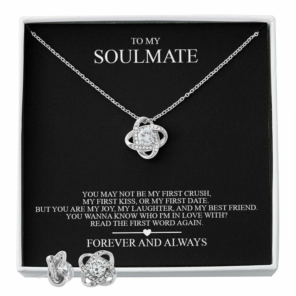 My Soulmate Love Knot Necklace & Earring Set For Her. Custom Jewelry Box Gift For My Girlfriend