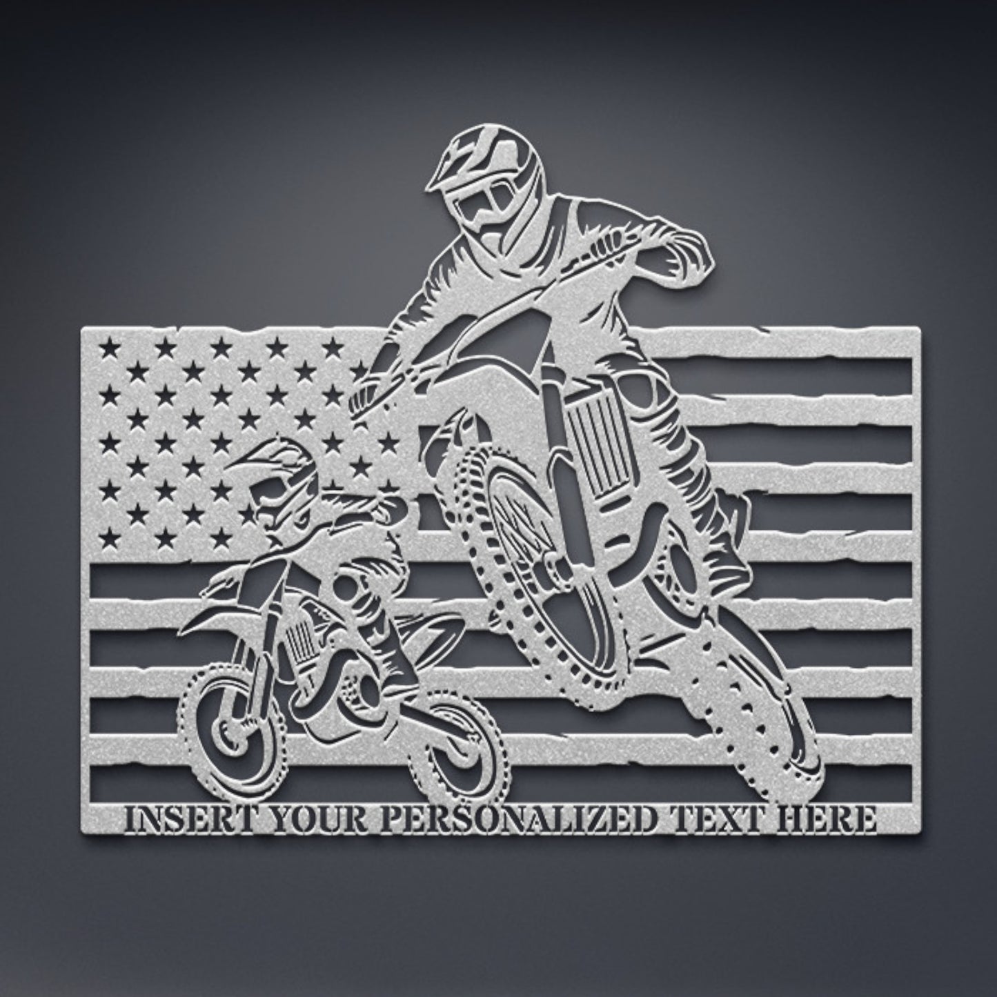 Personalized Dad And Son Dirtbike Name Metal Sign. Custom Patriotic Motocross US Flag Wall Decor Gift. Father's Day Gift. Biker Monogram Art