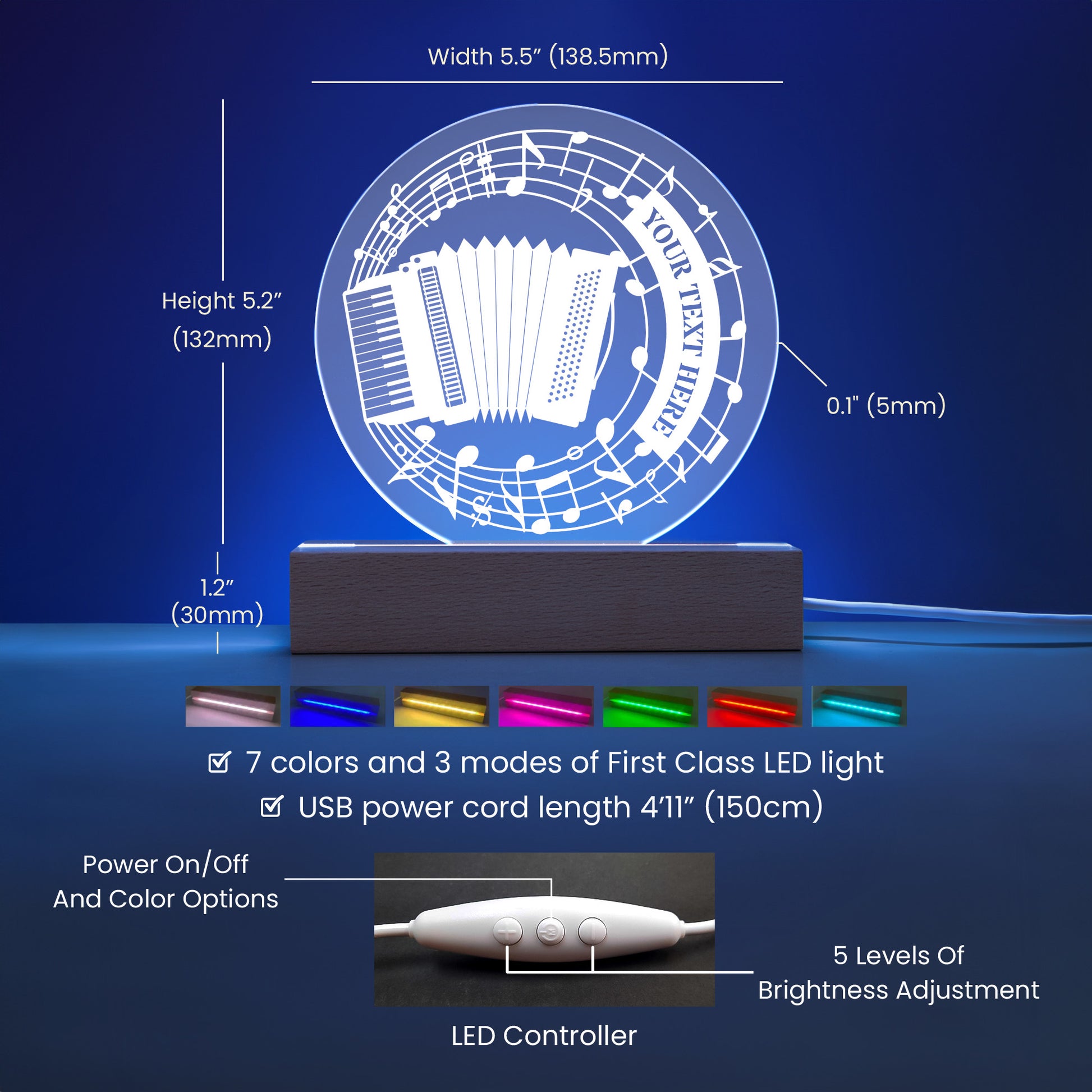 Personalized Accordion And Notes USB Powered Acrylic LED Sign With Custom Text