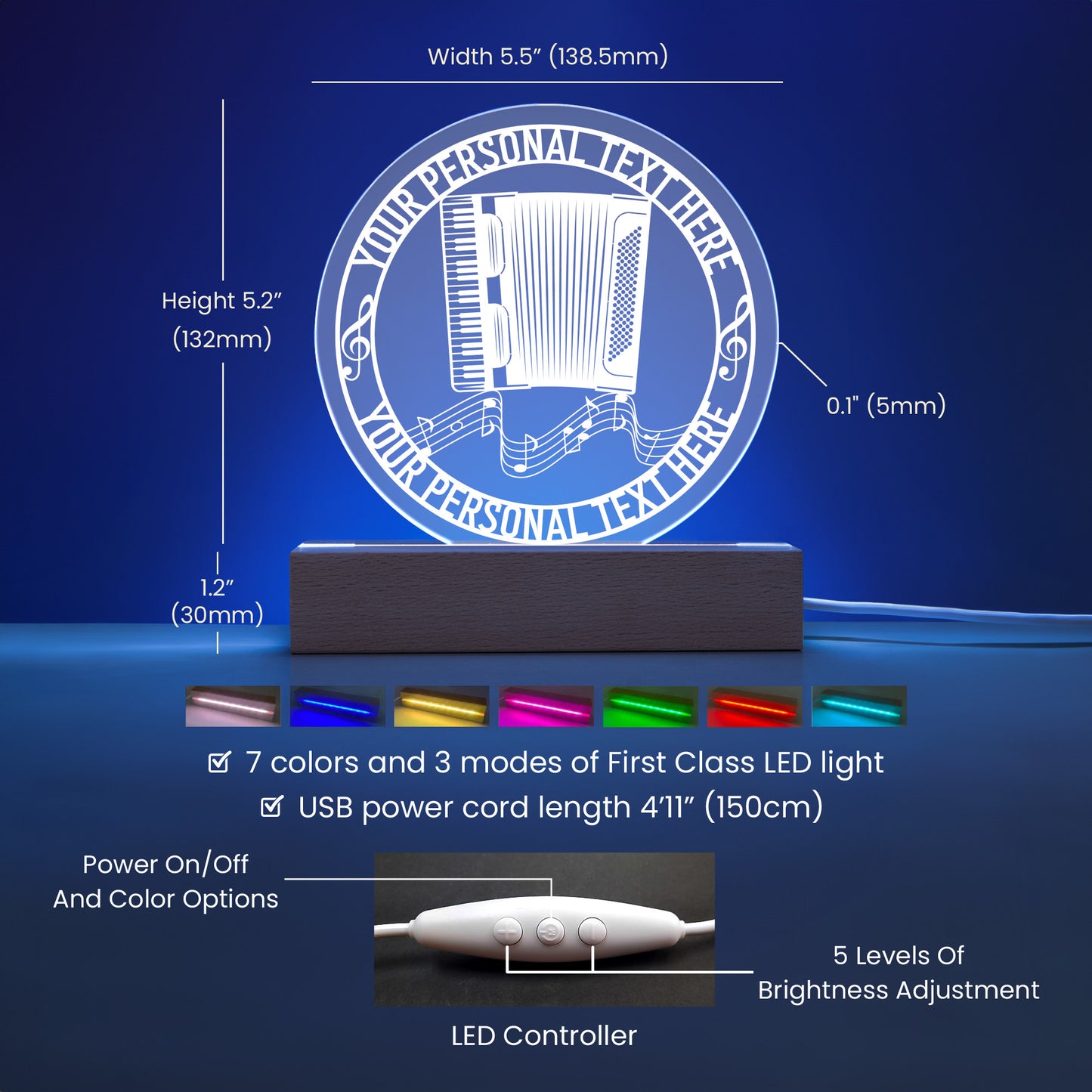 Personalized Accordion Instrument USB Powered Acrylic LED Sign With Custom Text 1