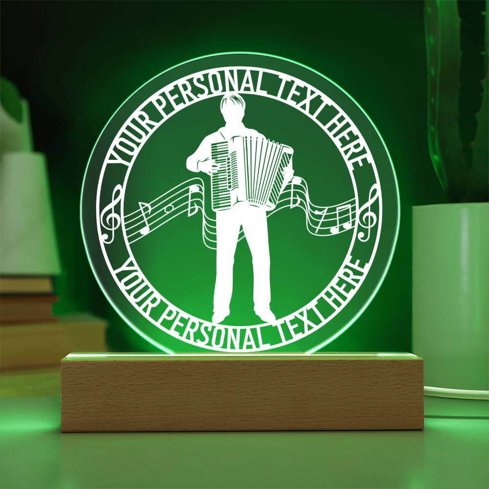 Personalized Accordion Player And Notes Name LED Acrylic Sign In Green With Custom Text