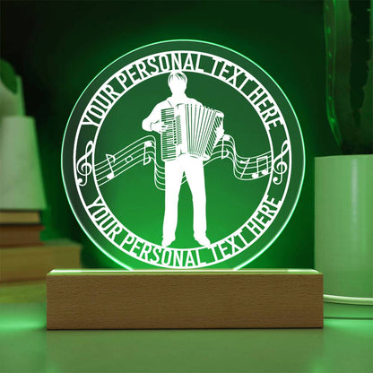 Personalized Accordion Player And Notes Name LED Acrylic Sign In Green With Custom Text